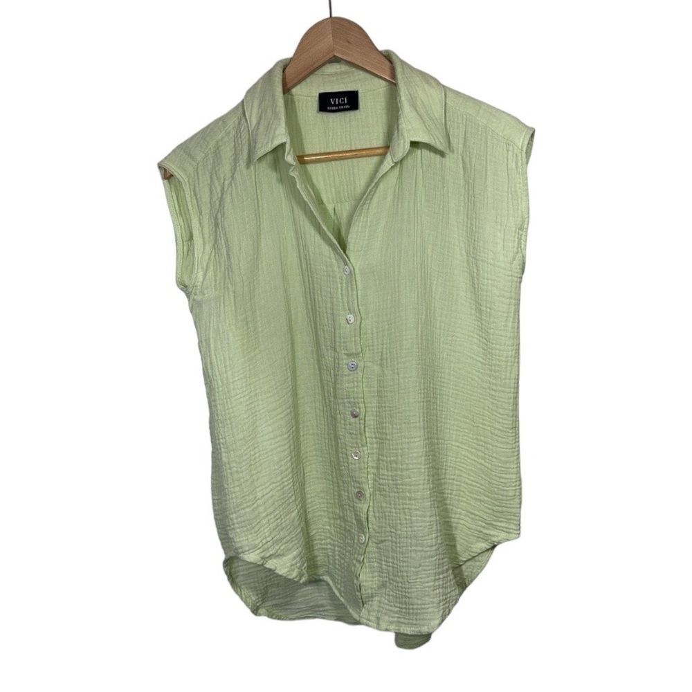 VICI Women’s Sleeveless Button Front Cotton Gauze Blouse Green Size Extra Small